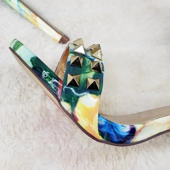 Sexy Riot Colorful Patent Gold Stud Cross Strap Sandal Shoe 4.5" Stiletto Heels - Picture 7 of 9